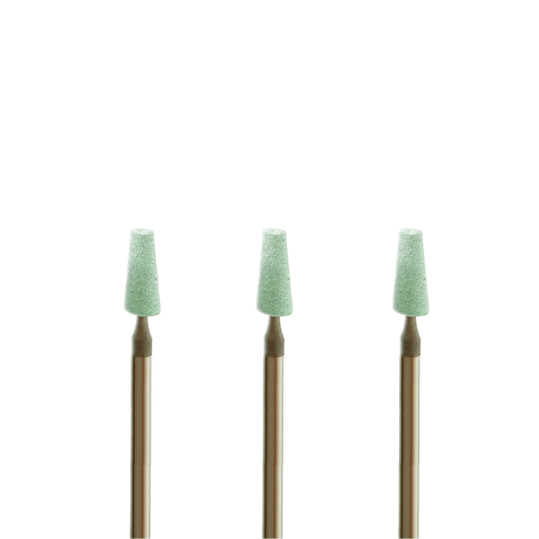 Set of three green cone-shaped rotary tools on a white background.