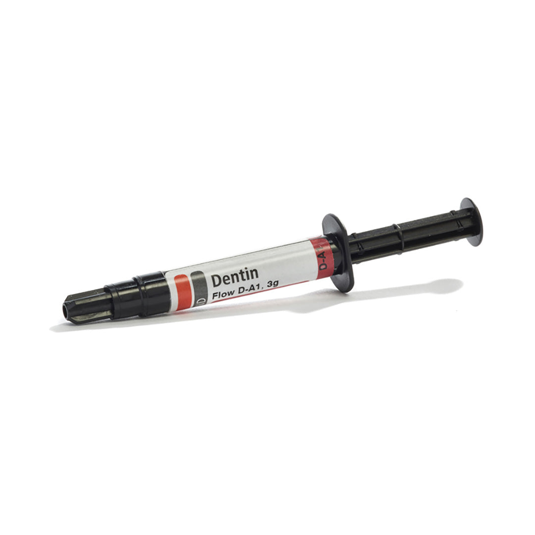 A syringe of dental material on a white background.
