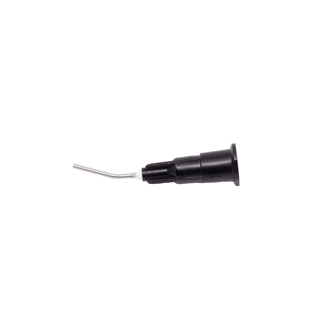 Application tip for a dental material syringe; black with metal on the end.