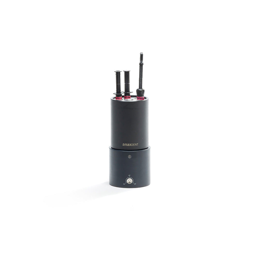 A black dental composite warmer set with seven syringe holders.