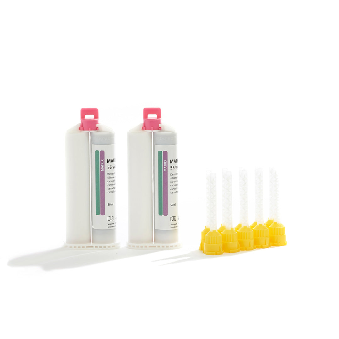 Two cartridges of anaxdent Matrix Flow Violet 56 and tips on a white background.