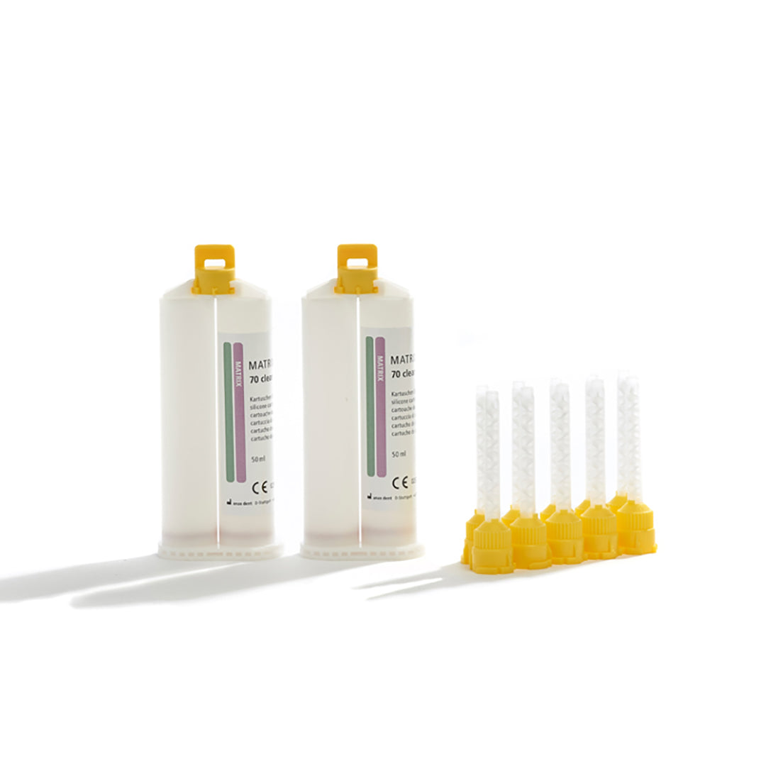 Two cartridges of anaxdent Matrix Flow Clear 70 and tips on a white background.