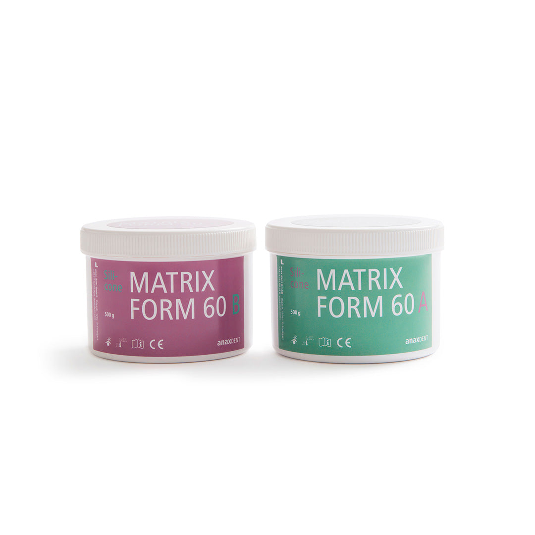 Two putty containers labeled 'MATRIX FORM 60', one purple and labeled "B", and one green and labeled "A", on a white background.