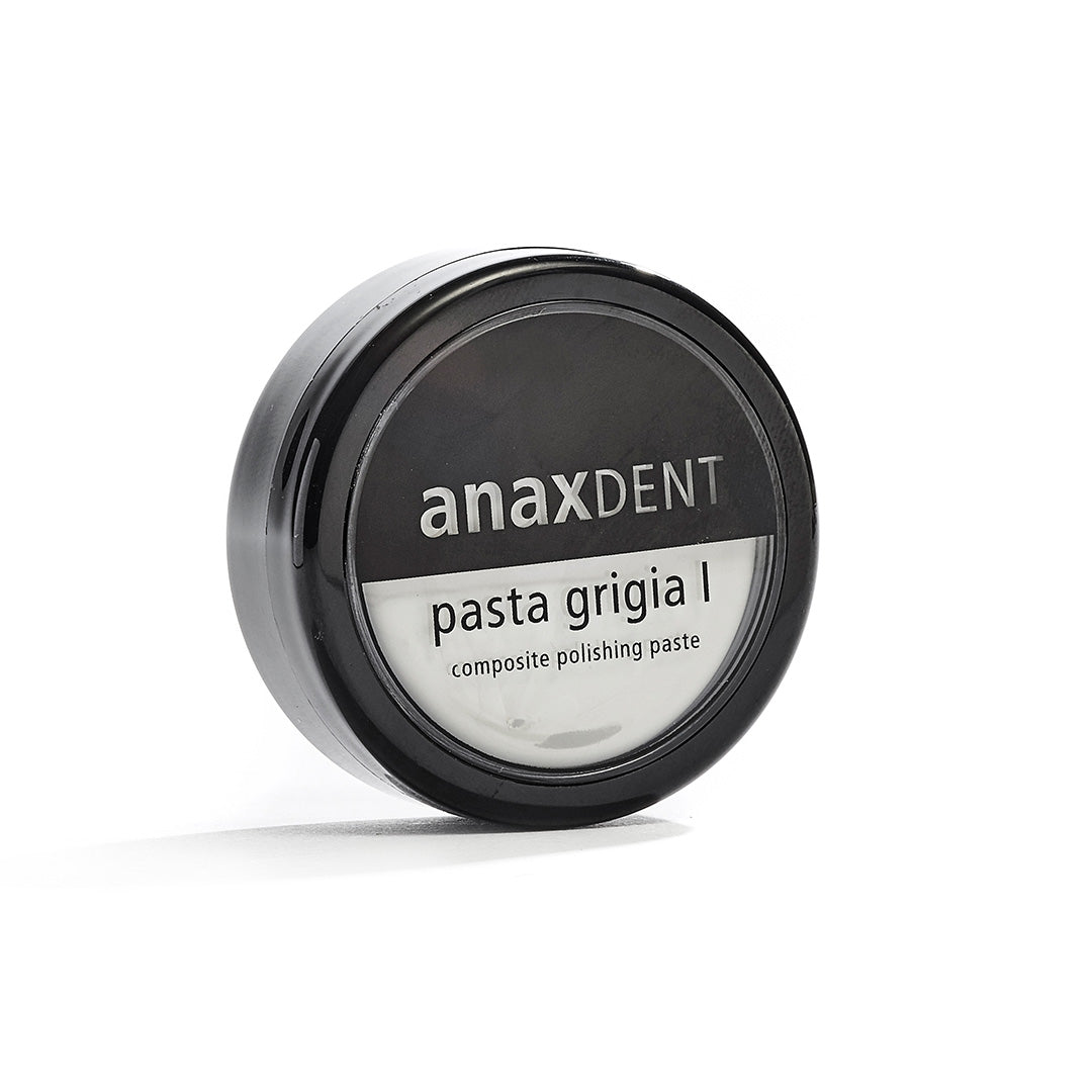 A jar of anaxdent composite polishing paste, labeled as 'pasta grigia I'.
