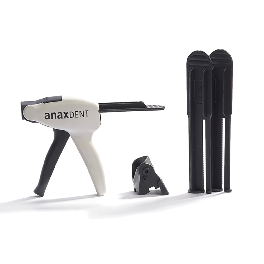 A dental universal dispensing gun with multiple tips on a white background.