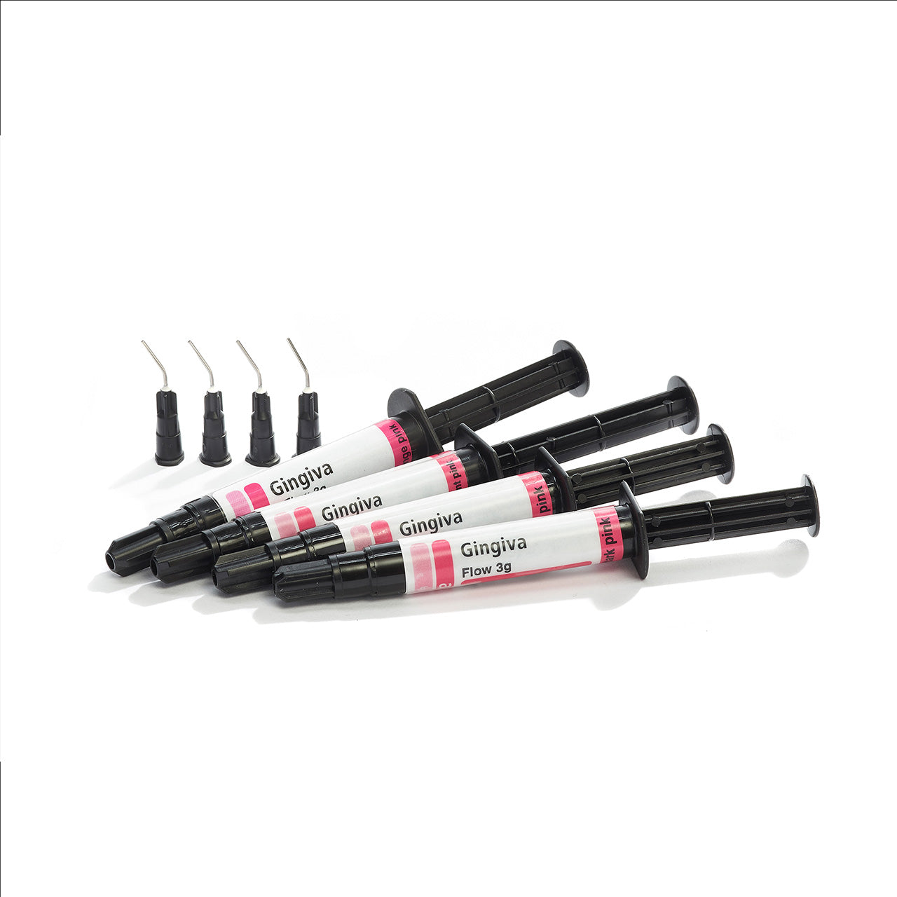 Syringes of anaxgum and application tips arranged on a white background.