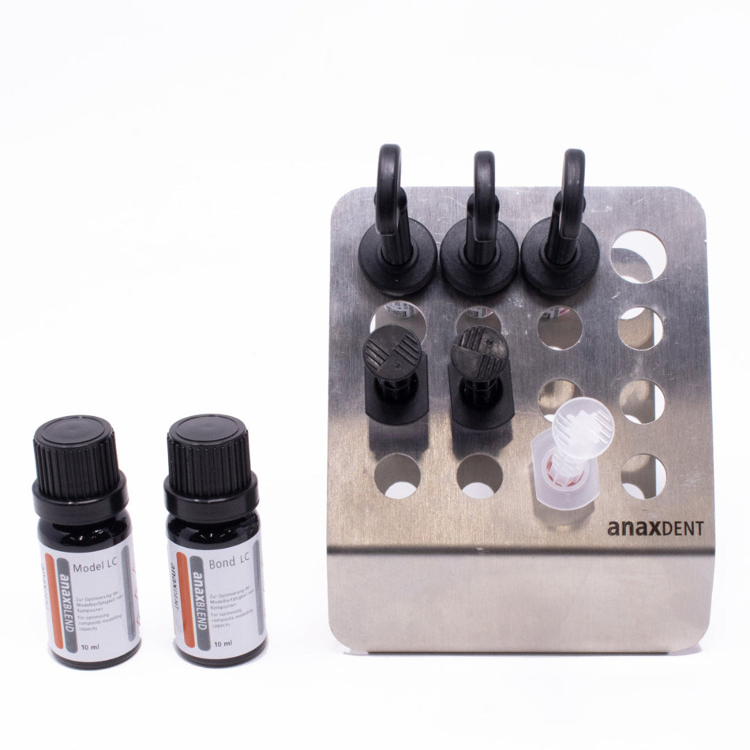 anaxgum arranged in an anaxRACK XXL with bottles of Bond LC and Model LC beside the rack.
